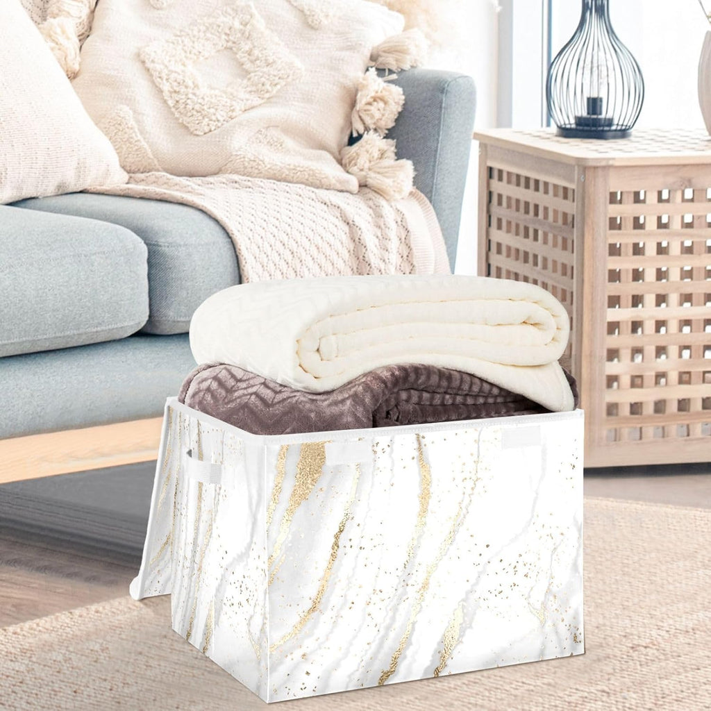 CaTaKu Large Fabric Storage Bins With Lids, Gold White Marble Storage Boxes With Handles for Organizing Clothes, Collapsible Storage Cube Bins Baskets for Shelves