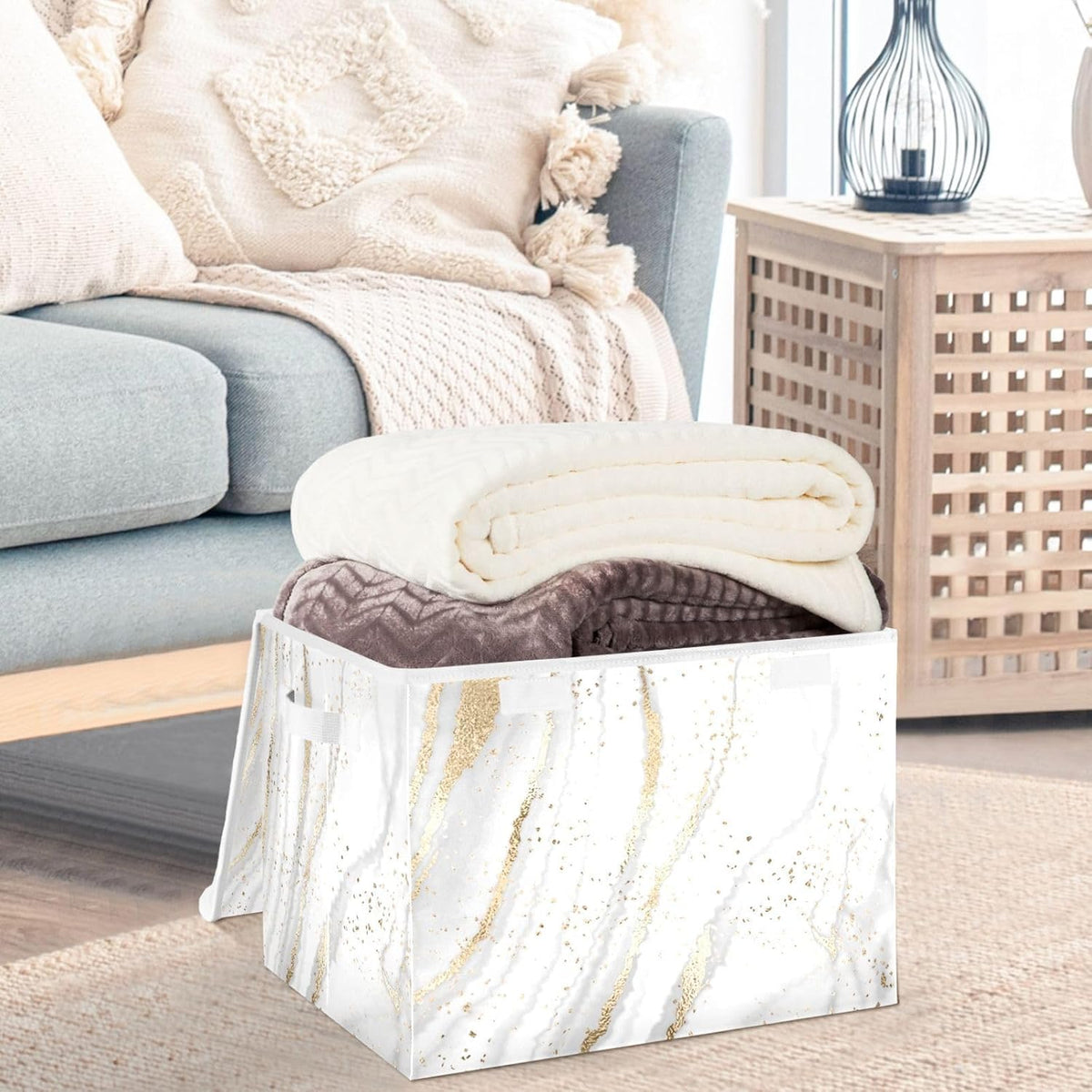 CaTaKu Large Fabric Storage Bins With Lids, Gold White Marble Storage Boxes With Handles for Organizing Clothes, Collapsible Storage Cube Bins Baskets for Shelves