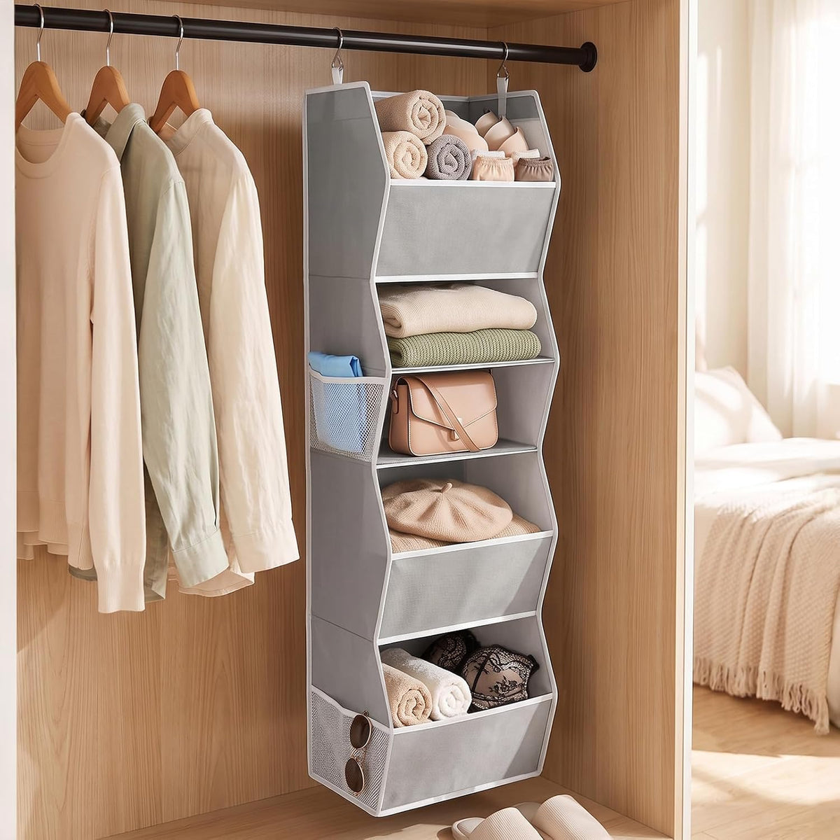 Hanging Closet Organizer with Side Pockets, 5-Shelf Foldable Closet Storage