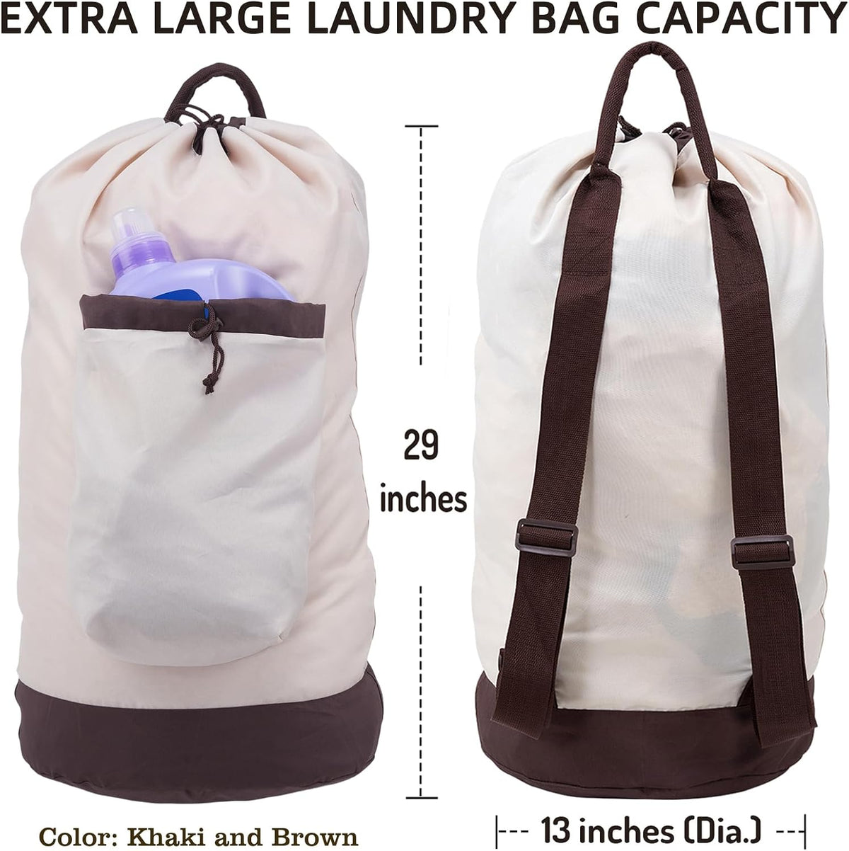Seiritex Laundry Bag Backpack with Shoulder Straps and Detergent Holder Clothes, Travel Laundry Backpack Bag Hamper for College (Khaki w Brown)
