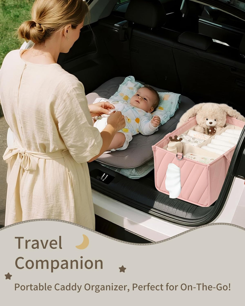 Pink Diaper Caddy Organizer – Portable Storage Basket with Shoulder Strap & Stroller Hooks, Splashproof Quilted Nursery & Car Tote for Baby Girl Shower Gift, Baby Registry, Blush Pink