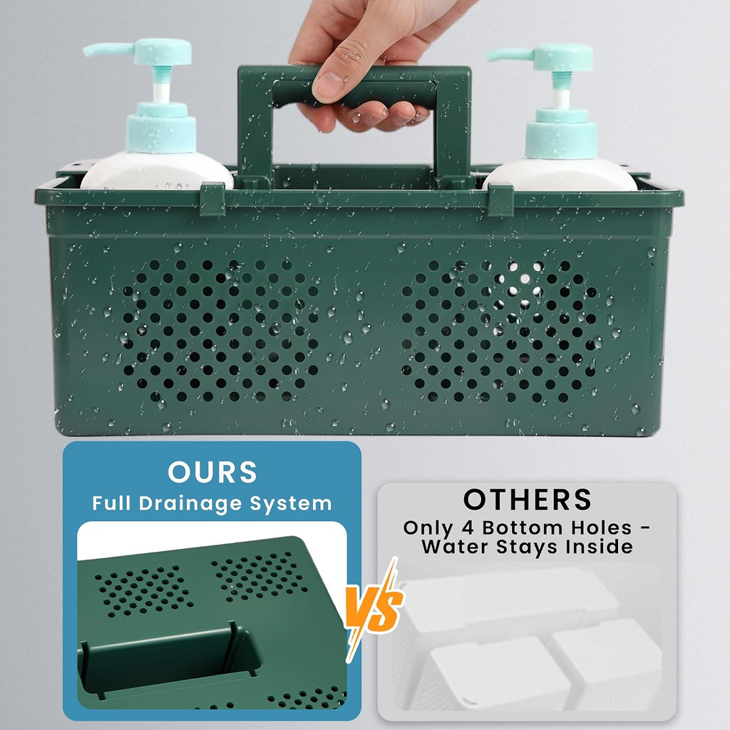KMV Portable Shower Caddy Dorm: Features handles and adjustable compartments，Ventilation and Drainage Hole Design Cleaning Basket，ideal for toiletries， Essential for college dorms-green