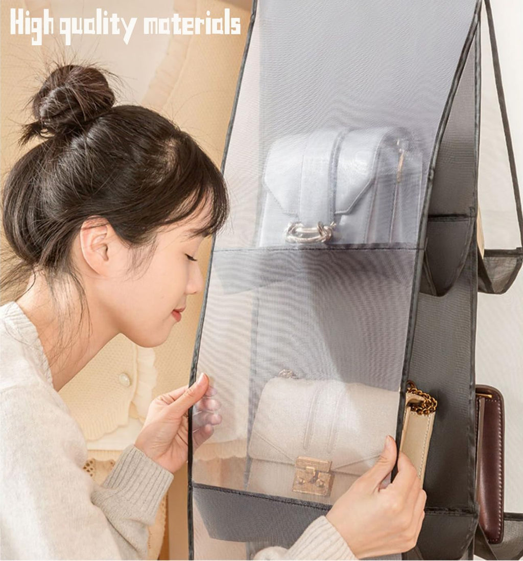 MURRI&MURRDI Hanging Handbag Organizer for Closet, Purse Storage Holder with 8 Clear Mesh Pockets, Space Saving Purse Hanger for Wardrobe, Black