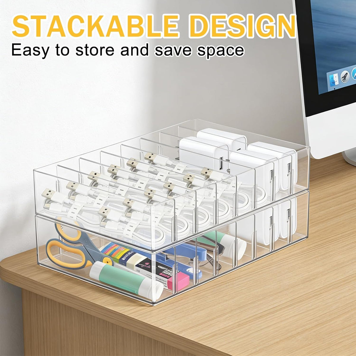 2Pcs Cable Charger Organizer Box with 16Pcs Wire Ties Large Plastic Cords Storage Organizer with Adjustable Compartments Electronics Organizer Stackable Cord Storage Box for Drawer Home Office, Clear
