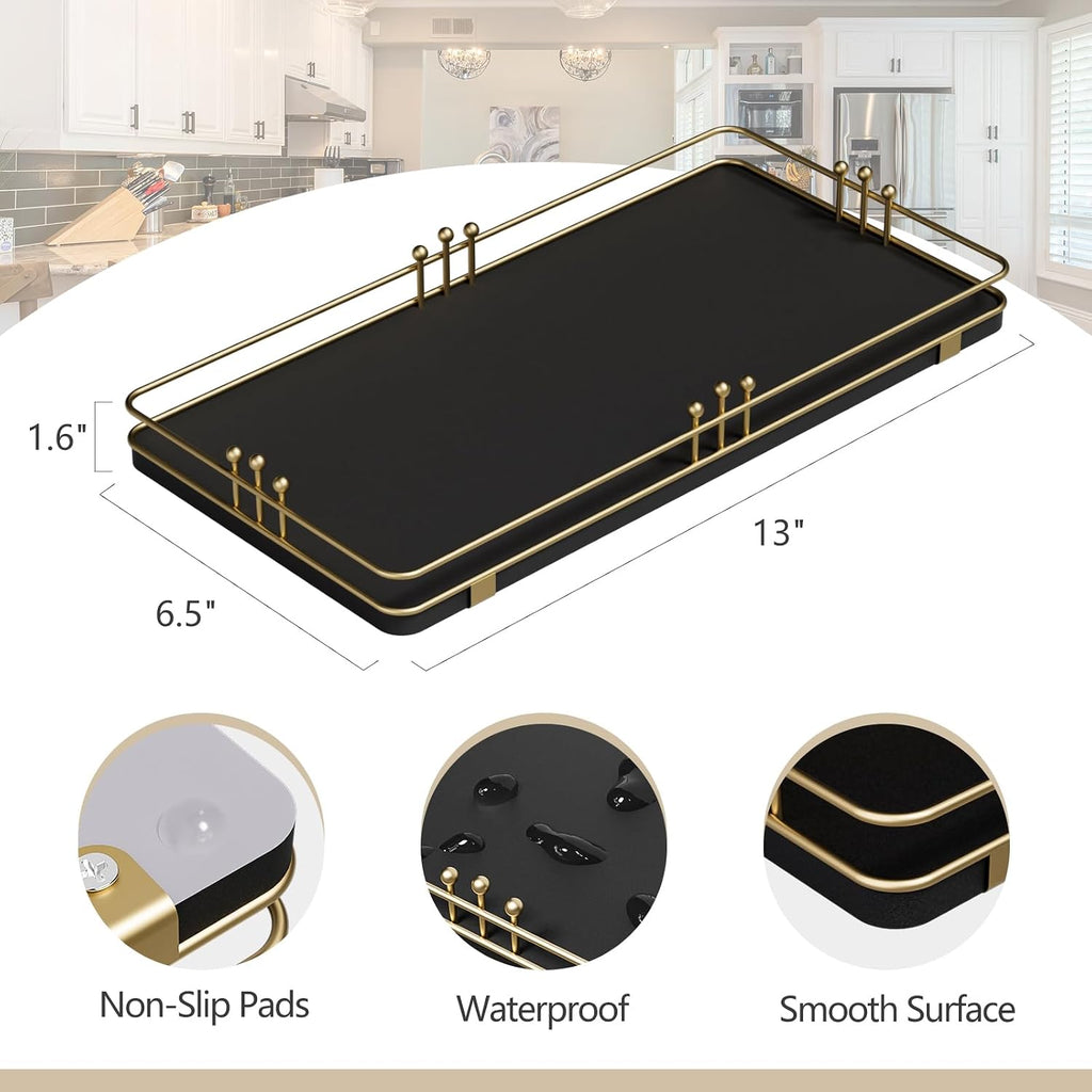 Toilet Tank Tray, Bathroom Basket, 13"x 6.5", Black-Gold