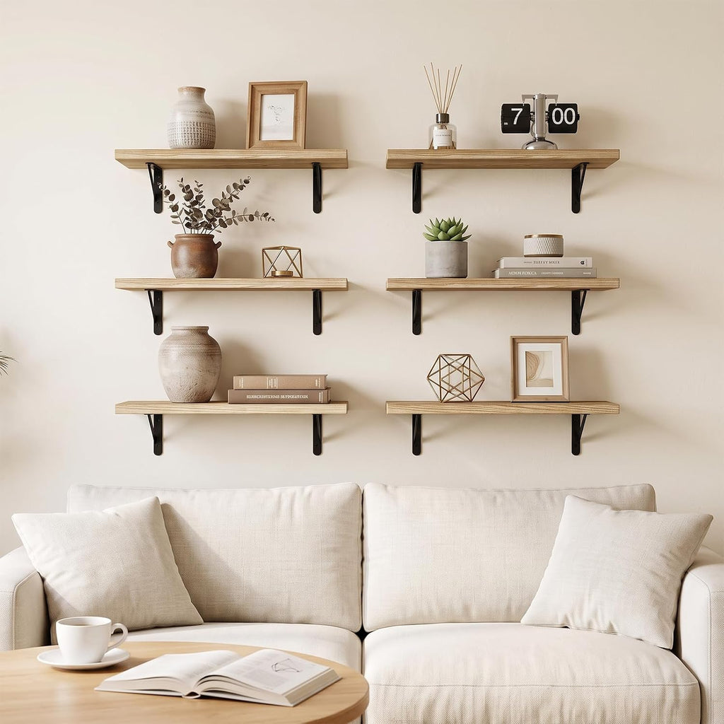 YGEOMER 16.5 Inch Floating Wall Shelves, Light Carbonized Brown, Set of 6