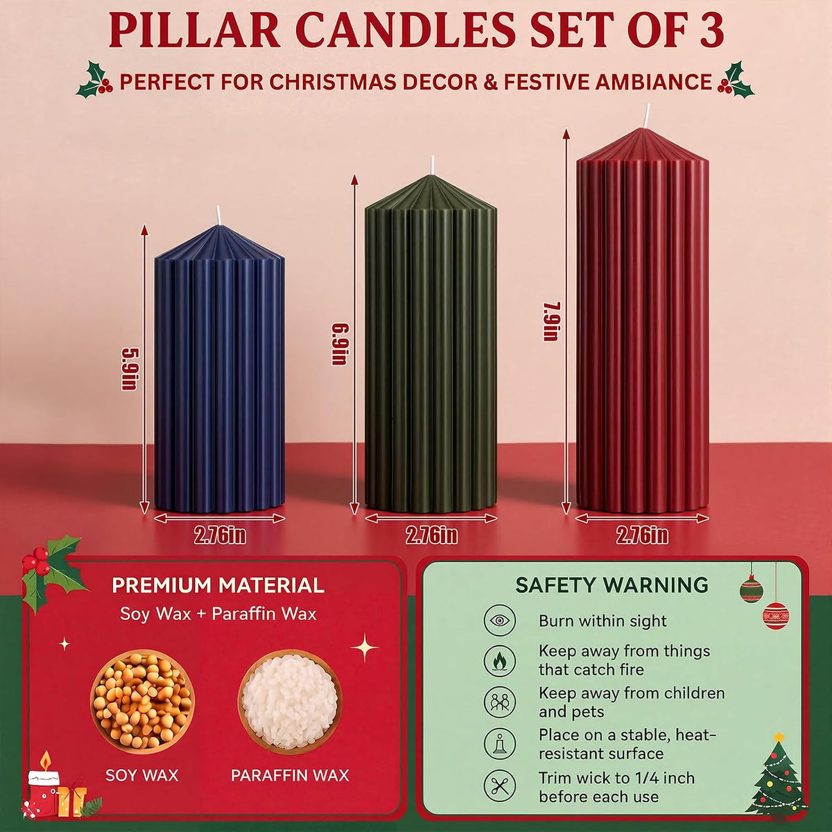 Mtlee 3 Pack Christmas Ribbed Pillar Candles Soy Wax Ribbed Candle