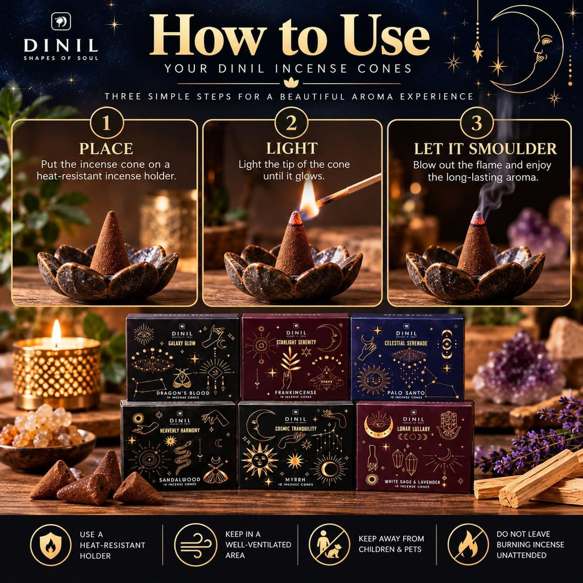 Dinil Cosmic Aura Incense Cones Variety Pack, 60 Cones, 6 Fragrances