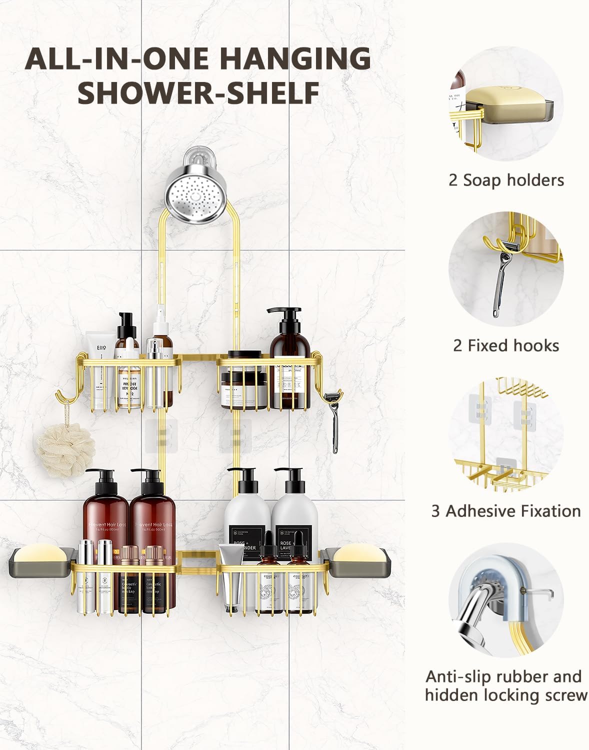 Adjustable Shower Caddy Hanging - Never Rust Shower Organizer Hanging, Aluminum Shower Racks for Inside Shower - Bathroom Organizers and Storage with 2 Soap Holders and 2 Removable Hooks Gold