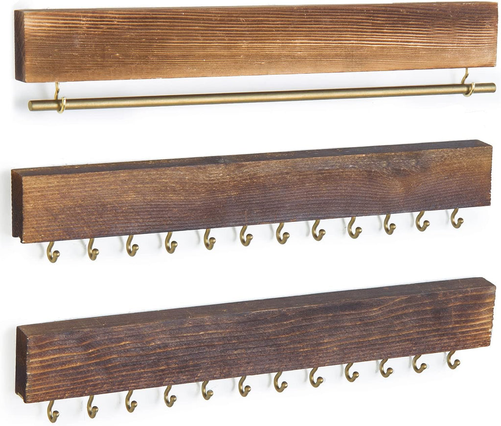 MyGift 3-Piece Wall Jewelry Organizer, Wall-Mounted Rustic Wood and Gold Tone Metal 24 Hook Necklace and Bracelet Storage Rack with Hanging Earring Bar