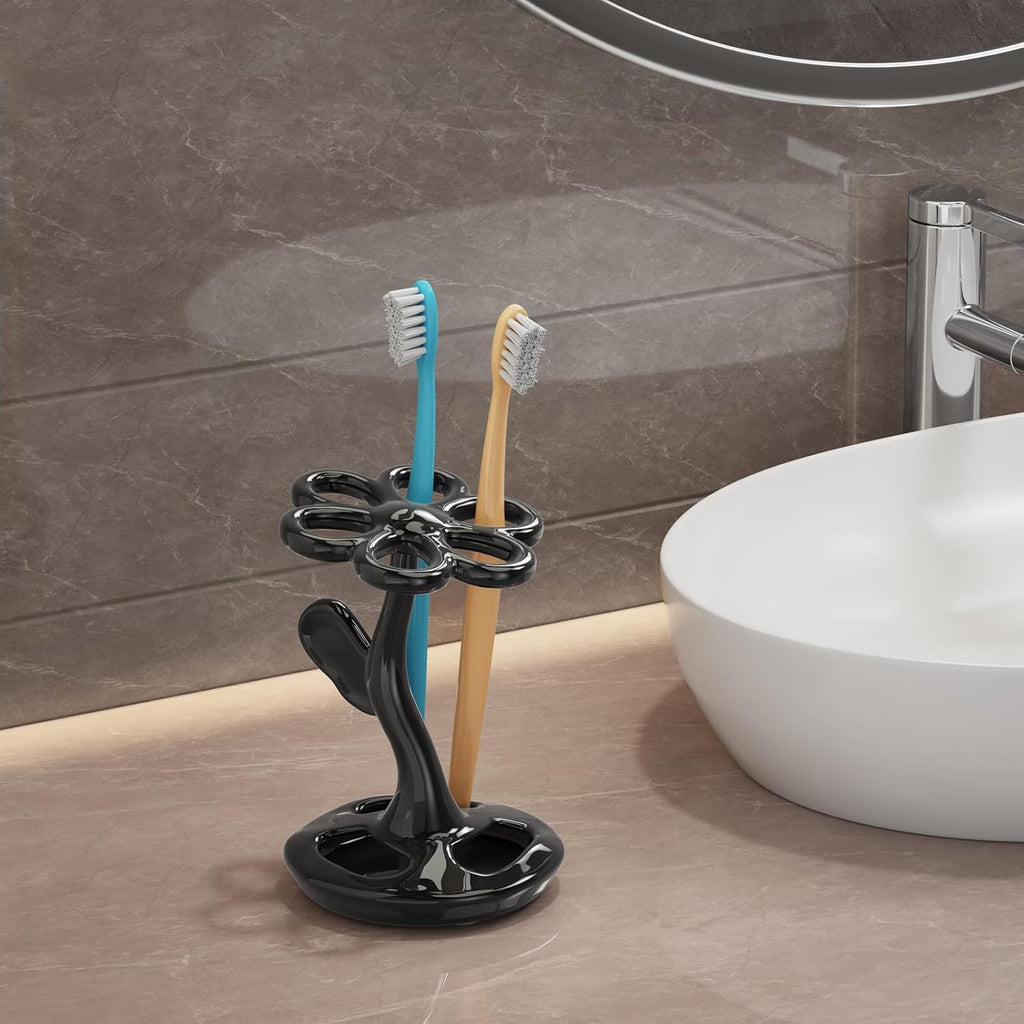 Flower Ceramic Tooth Brush Holders for Bathroom, Upgraded Large Slots Toothbrush Holder Organizer for Manual Brushes & Art Paintbrushes, Aesthetic Vanity Decor, Non-Tip Sturdy Base, 6 Slots （Black）