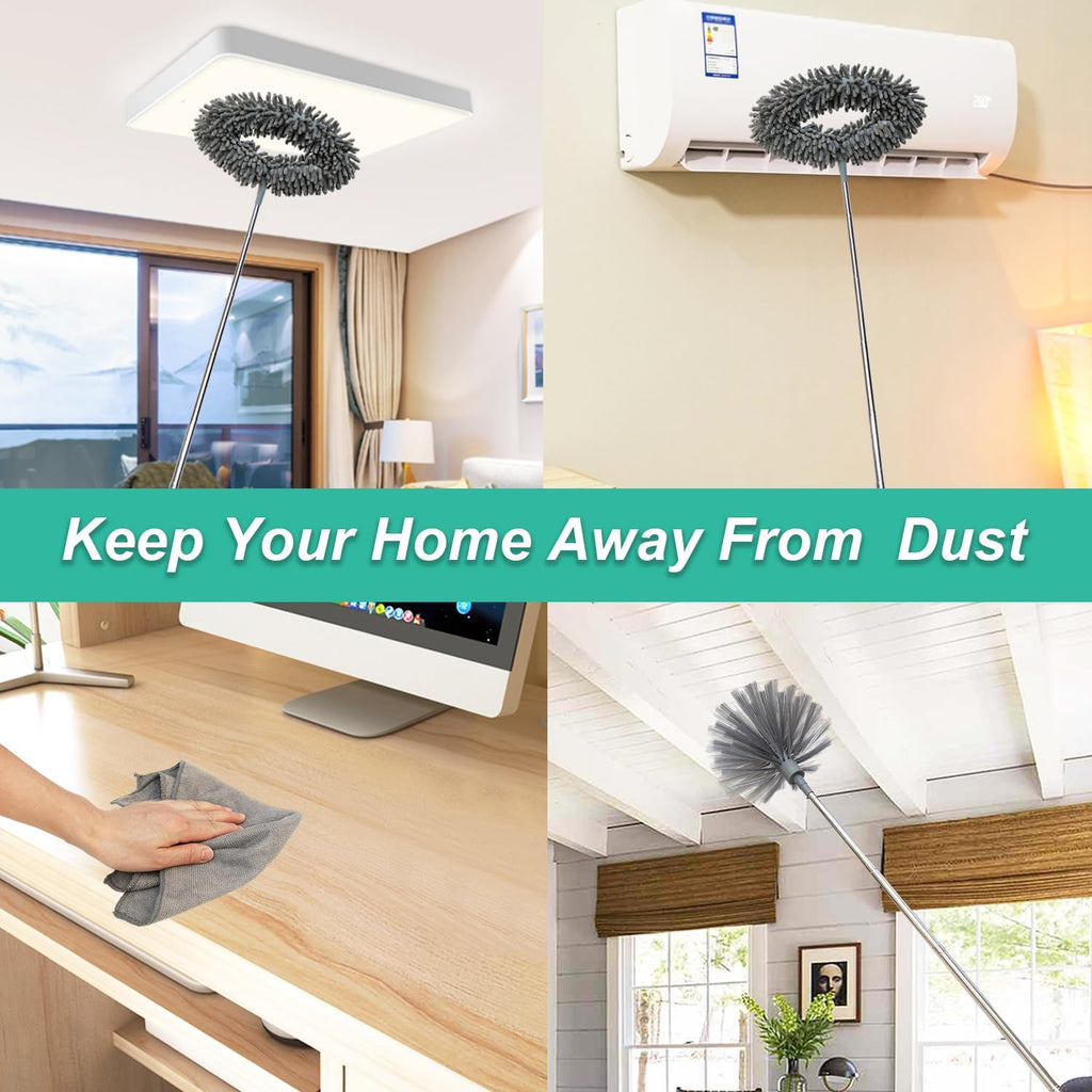 Ceiling Fan Cleaner Duster, Cobweb Duster with Extension Pole, Washable and Reusable Microfiber Duster Set for Cleaning Ceiling Fan, High Ceilings, Walls, Bookshelves, Window Door Top, Cobwebs (Gray)