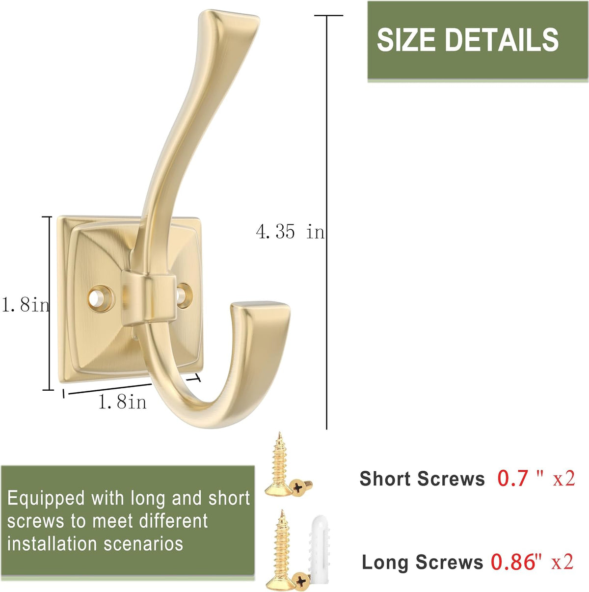 TOFIIGREM 2 Pack Brushed Gold Wall Hooks for Hat, Coat, Towel, Key, Bag, Mudroom Hooks Entrance Bathroom Door Decorative Heavy Duty Coat Hanger