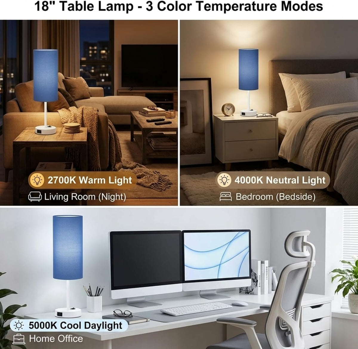 ZJOJO 18" Bedside Lamp for Bedroom Set of 2 Dimmable Table Lamp, AC Outlet