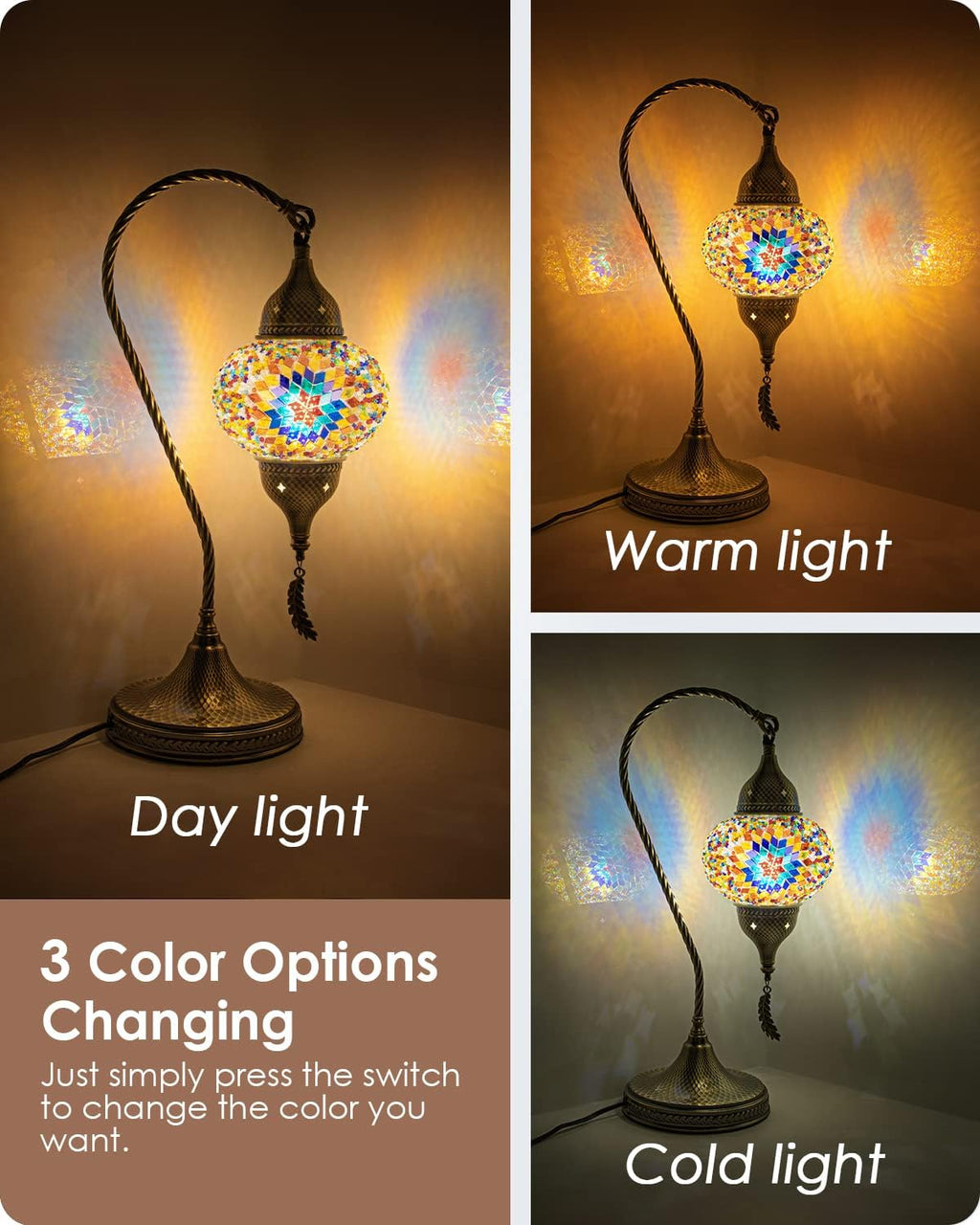 Yarra-Decor Turkish Moroccan Mosaic Table Lamp with Bronze Base - 3 Color Options Handmade Swan Neck Tiffany Mosaic Glass Bedside Lamps for Bedroom, 19" Color1(LED Bulb Included)
