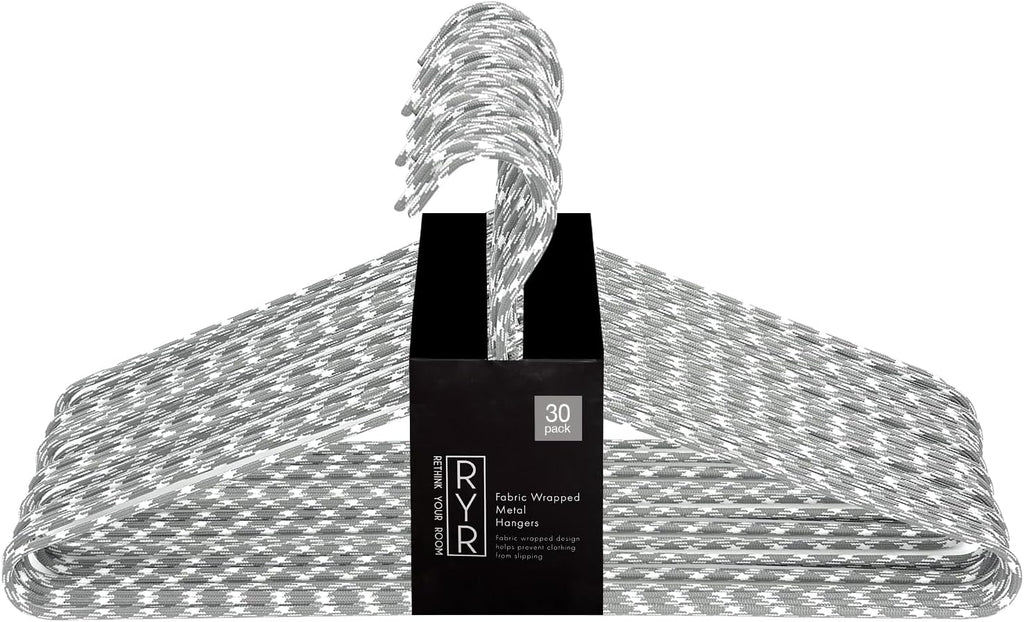 Clothes Hangers 30 Pack – Space Saving Fabric & Metal Hangers, Non-Slip Pant & Coat Hangers, Room Essentials, Closet, Durable Wardrobe Storage for Shirts, Suits & Pants – Grey/White