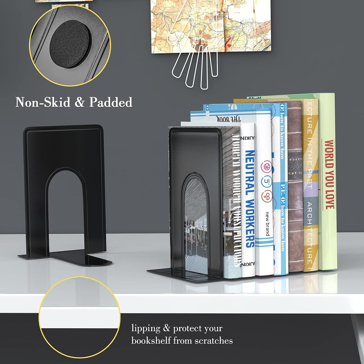Optomni Bookends, Book End Supports Heavy Duty Metal Bookend Support, Book Ends Supports for Shelves Decor Home Office School (2 Pairs/4 Pieces, Black)