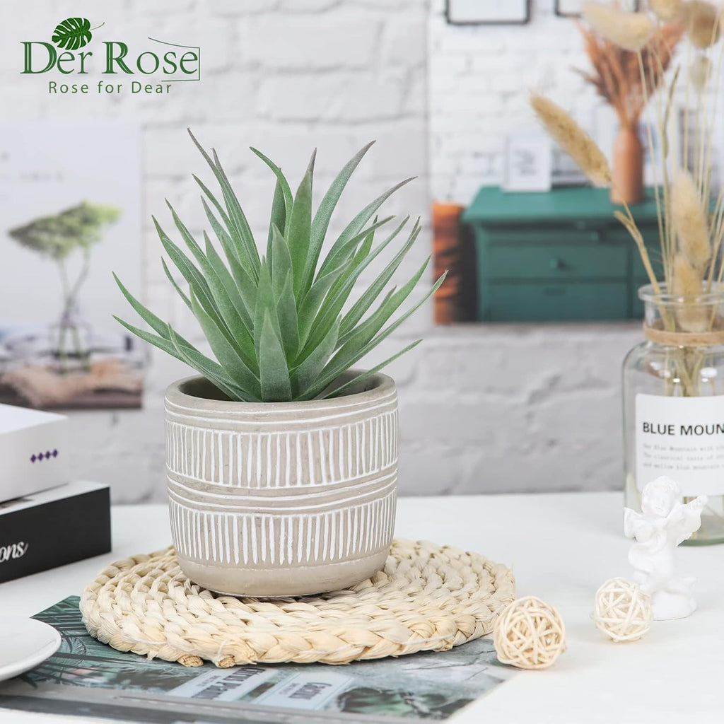 Der Rose 8.5" Fake Succulent Plant in Striped Ceramic Pot for Boho Decor