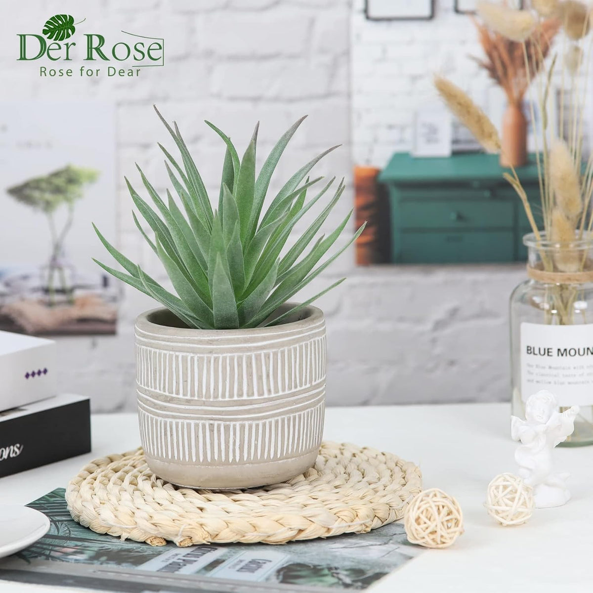 Der Rose 8.5" Fake Succulent Plant in Striped Ceramic Pot for Boho Decor