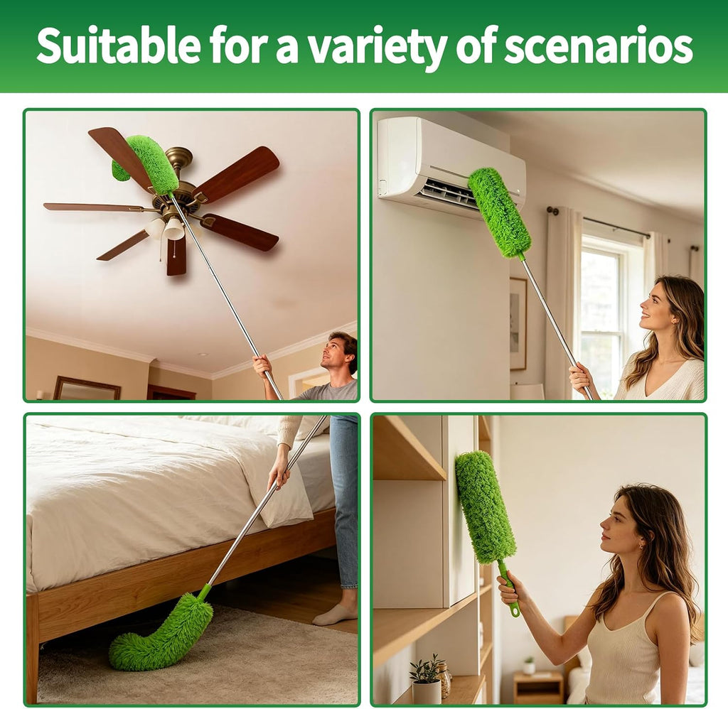 Cobweb Duster with Extension Pole, Washable Cleaning Duster Kit with 3 Duster Heads,15-110-Inch Telescoping Pole for high Ceiling Fans Duster,Crevice Brush, Corner Brush，Spider Web Brush