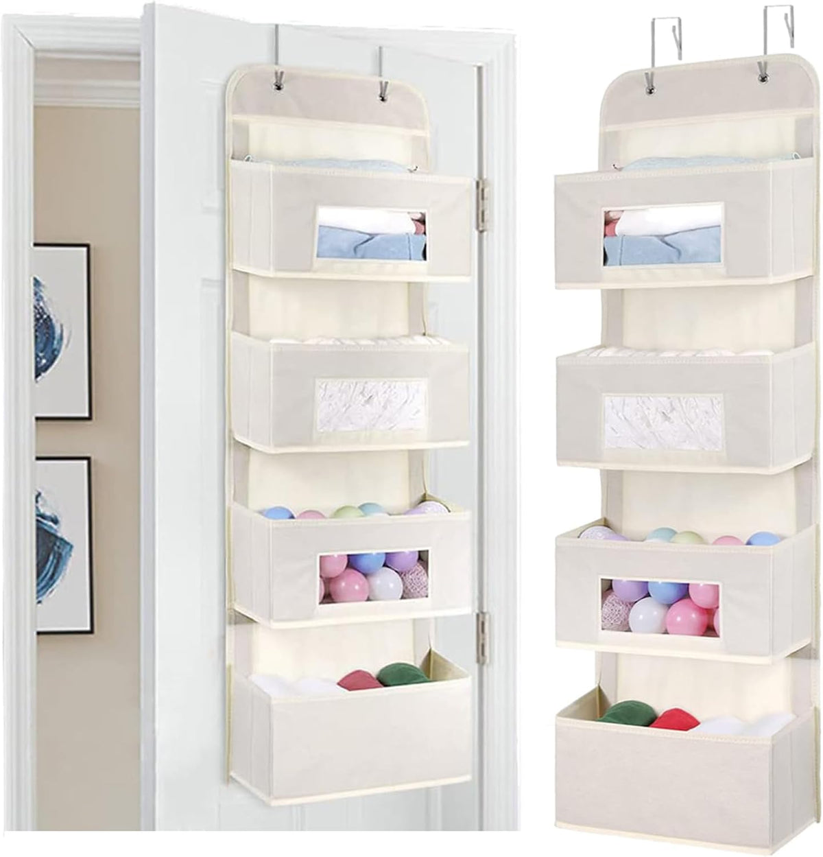 MAX Houser 4-Shelf Over The Door Hanging Organizer with 2 Metal Hooks,Beige