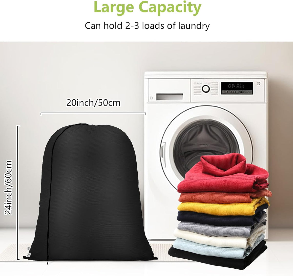 OTraki 20 x 24 inch Laundry Bag 2 Pack Travel Laundry Bags Medium Washable Dirty Clothes Bag Organizer with Drawstring Closure for Camp Fit Laundry Hamper Drying Do Not Exceed 176℉ Black