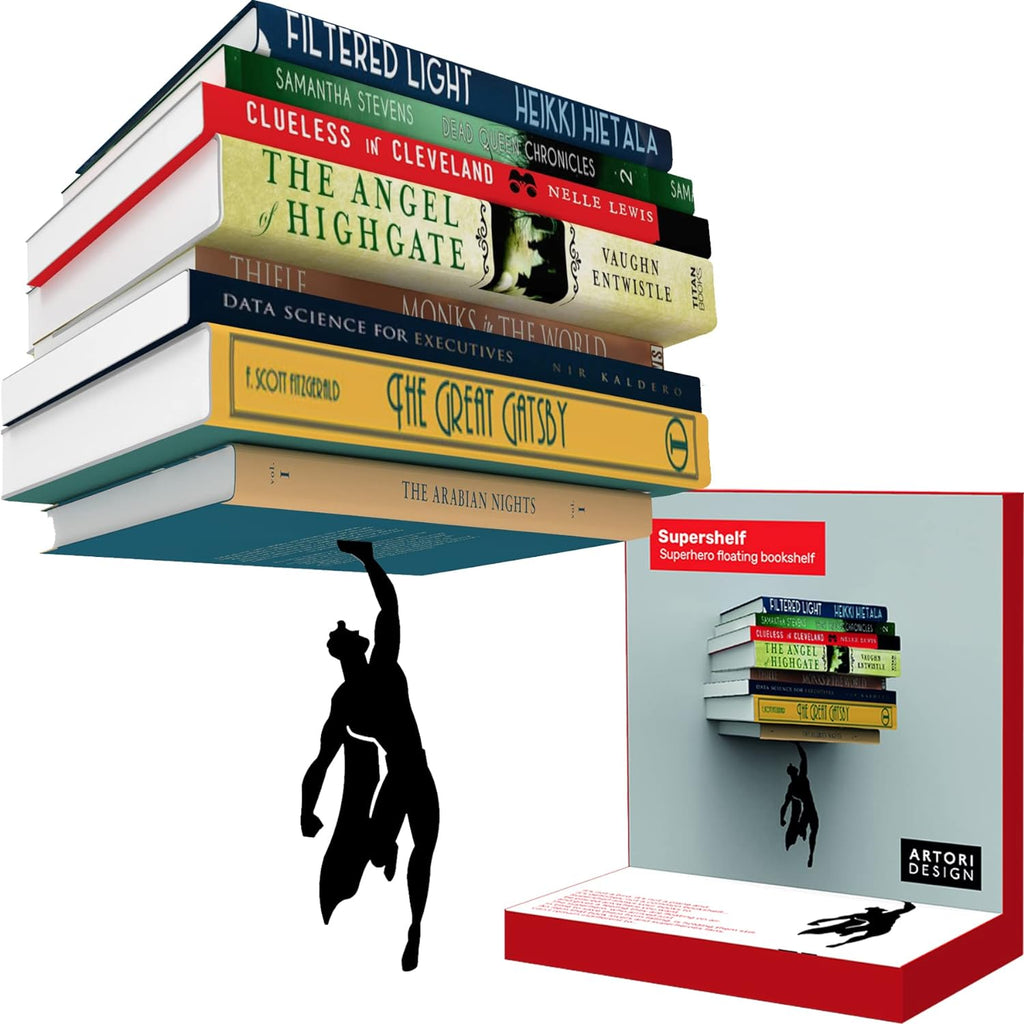 Artori Design Superhero Bookends & Floating Shelf Bundle – Hidden Metal Bookends & Invisible Wall Shelf – Heavy-Duty, Decorative Bookshelf Organizer for Comic Book Lovers, Kids, Teens & Adults