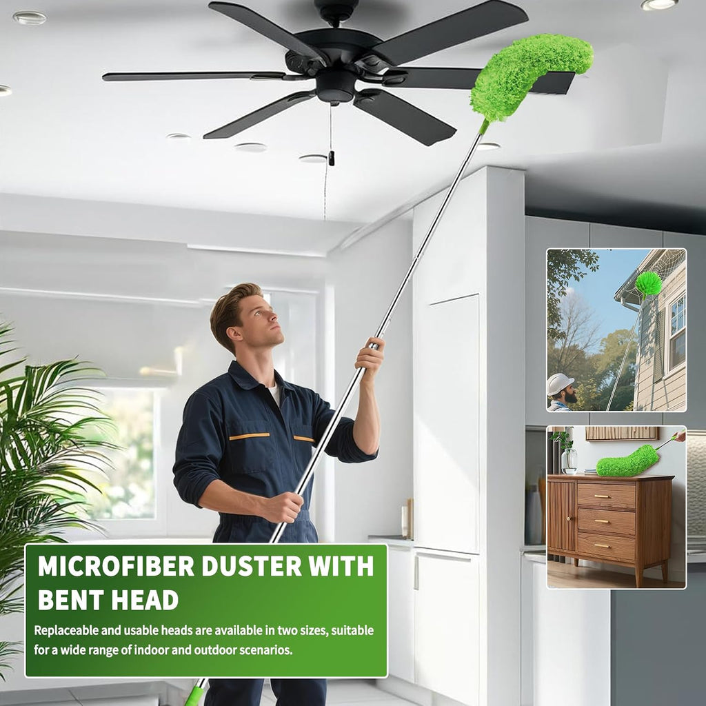 Cobweb Duster with Extension Pole,Washable Cleaning Duster Set with 2 Duster Heads,Corner Brush,15-110-Inch Telescoping Pole for high Ceiling Fans, Long Duster for High Ceilings,Spider Web Brush