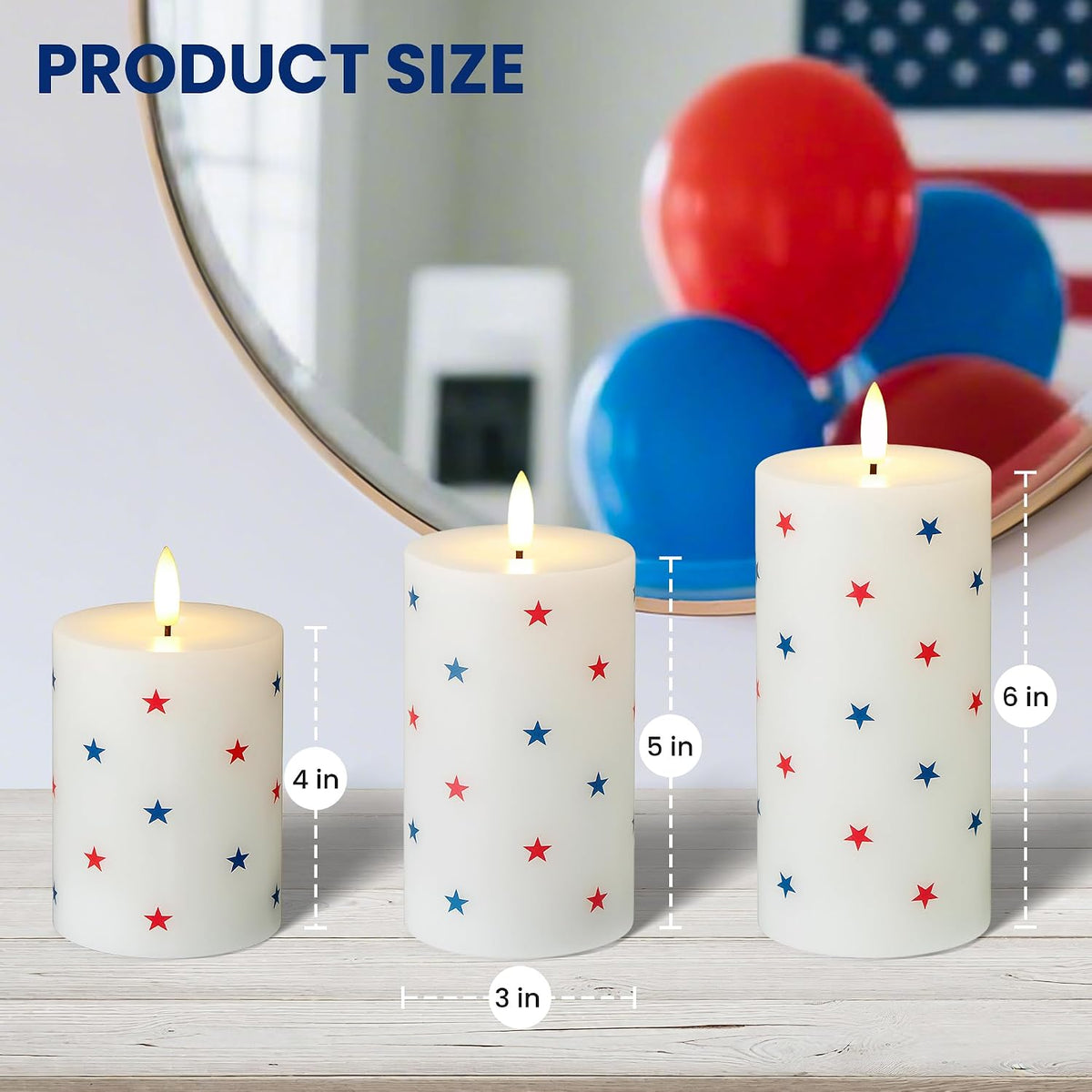Flameless LED Candles, 3 Patriotic Americana Pillar Candles, Timer, Remote Ready, Stars Design for July 4th Memorial Day