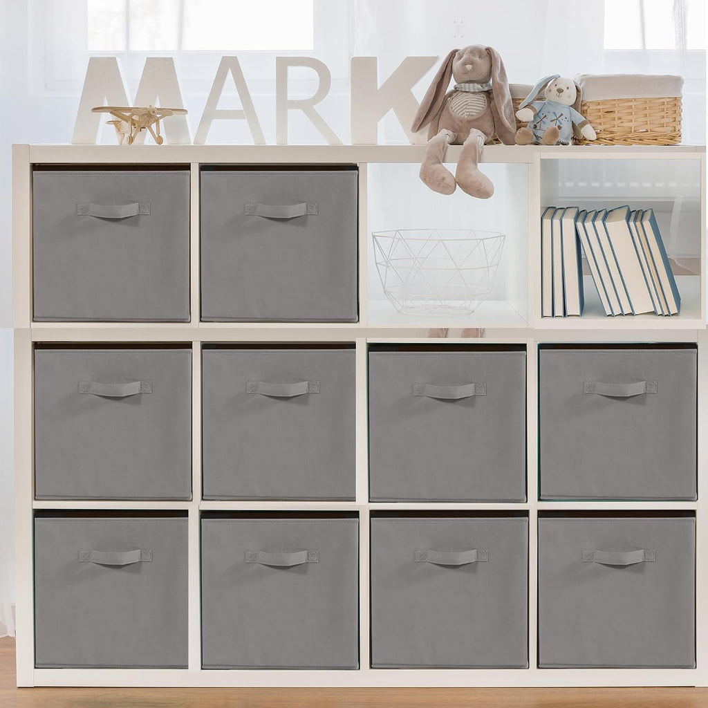 11x11 Storage Bins, Set of 10 Storage Cubes, Collapsible Cube Storage Bins, Fabric Closet Organizers with Handles for Home, Office, Closet Shelf Cabinet, Bookcase, Grey