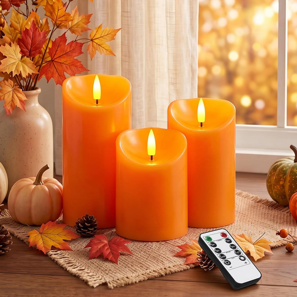 Raycare Real Wax Fall Flameless LED Pillar Candles with Timer Remote,Orange