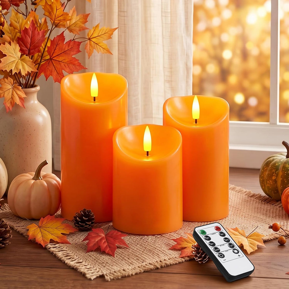 Raycare Real Wax Fall Flameless LED Pillar Candles with Timer Remote,Orange