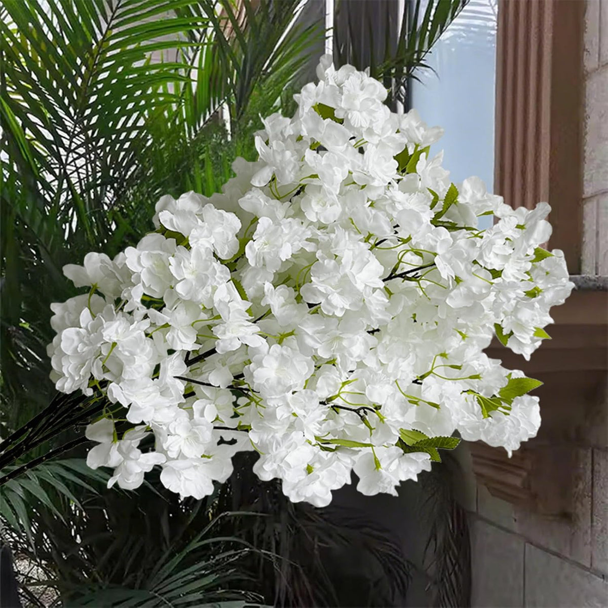 Artificial Cherry Blossom Branches, 5Pcs White Silk Faux Flowers, 33.5in