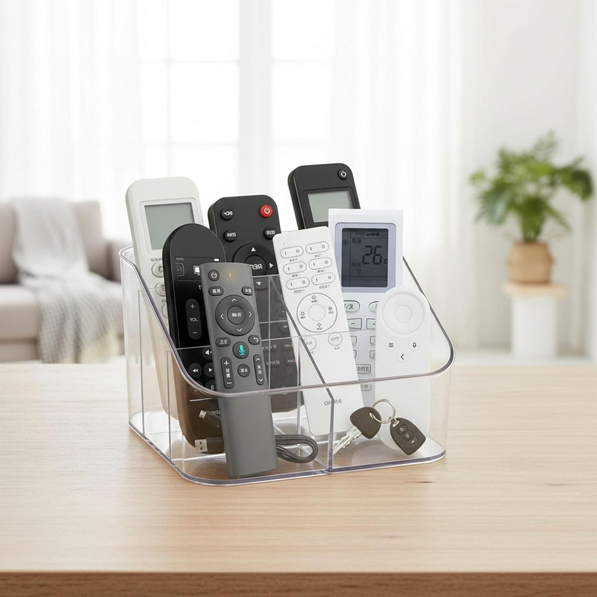 Remote Control Holder, Clear Plastic Remote Caddy for Desk and Nightstand Storage, Space-Saving Desk Organizer with See-Through Design for Living Room and Desk Accessories, 5 Compartments