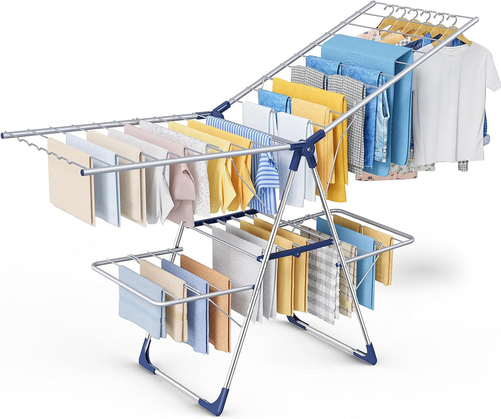 Sakugi Clothes Drying Rack, Foldable 2-Level with 70" Adjustable Wings