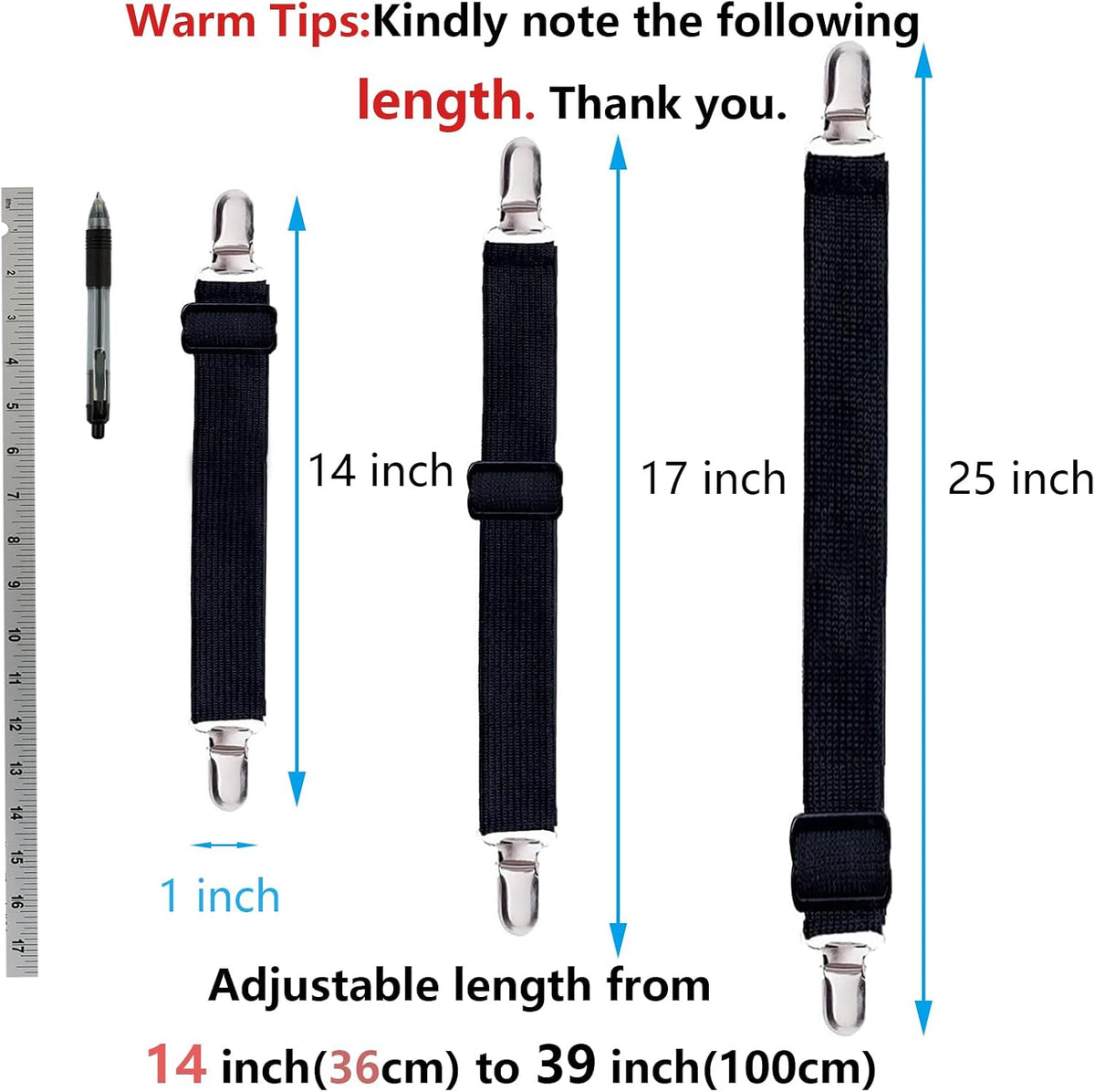 8pcs Adjustable Bed Sheet Straps & Clips, Elastic Fitted Sheet Holder from 14 to 39 Inch, Mattress Covers & Sofa Cushion Clips, Black