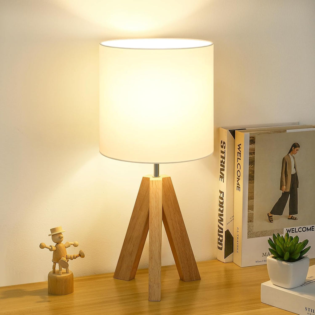 Brightever Small Beside Table Lamp, Wood Tripod Table Lamp with White Fabric Shade, Cute Boho Nightstand Minimalist Desk Lamp for Bedroom Living Room Nursery Kids Room Office Dorm, Bulb Not Included