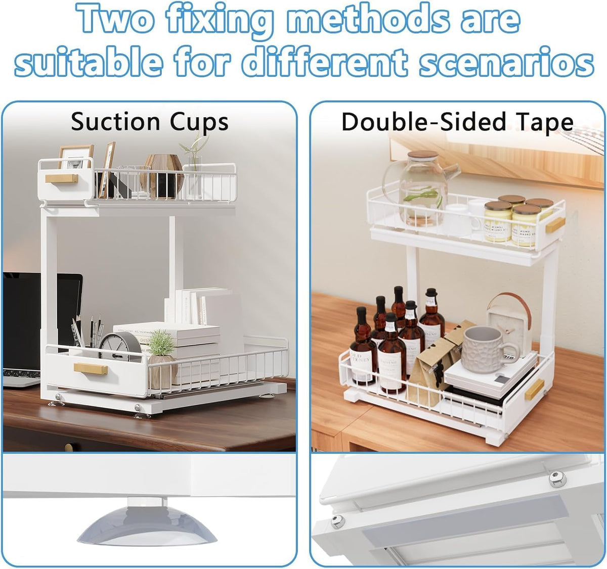 Under Sink Organizer Kitchen - Upgraded Professional Rails, 2 Tier Dual Pull Out Cabinet Storage, Height Adjustable Under Sink Storage, Metal Sliding Drawer for Kitchen & Bathroom, White, 1 Pack