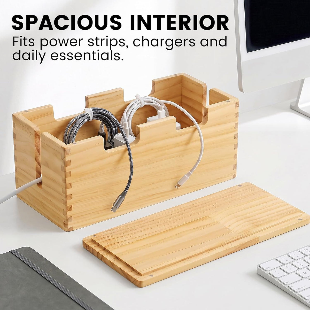 Large Wooden Cable Management Box with Magnetic Lid – Solid Wood Cord Organizer for Power Strip & Bulky Adapters, Tall Concealer for Desk & TV, Farmhouse Style Wire Hider Cover