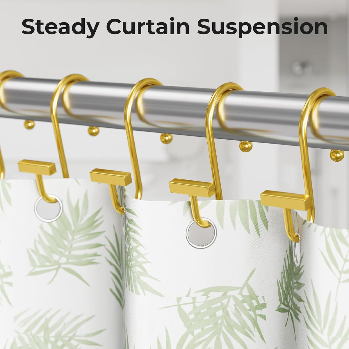 Warm Gold Shower Curtain Hooks, Bathway Shower Curtain Rings Rust Proof, 12PCS Shower Hooks for Shower Curtain, T-Bar Design Convenient Elegant Shower Curtain Hangers for Bathroom Kitchen Wardrobe