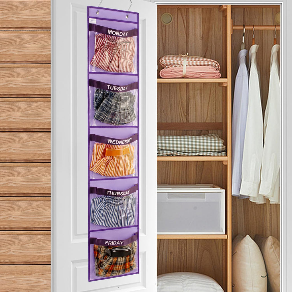 Day of Week Kids Clothes Organizer Weekly Hanging Closet Organizer Monday to Friday School Clothing Storage (PURPLE)