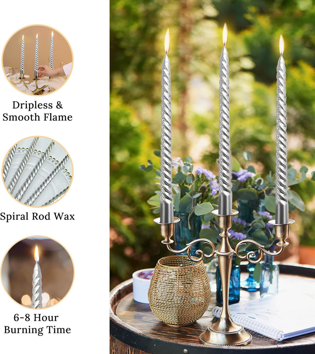 10 Inch Silver Spiral Taper Candles Set for Holiday Decor, 12 Pack Unscented Twisted Candlesticks, Dripelss Thin Tapered Candles for Wedding Dinner Parties Galas Award Ceremonies Religious