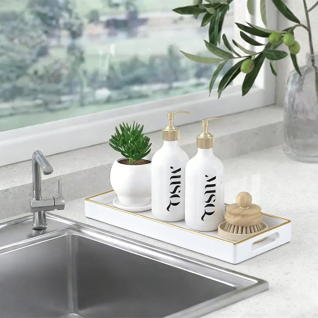 White Rectangular Bathroom Vanity Tray,14 Inch Countertop Storage Organizer