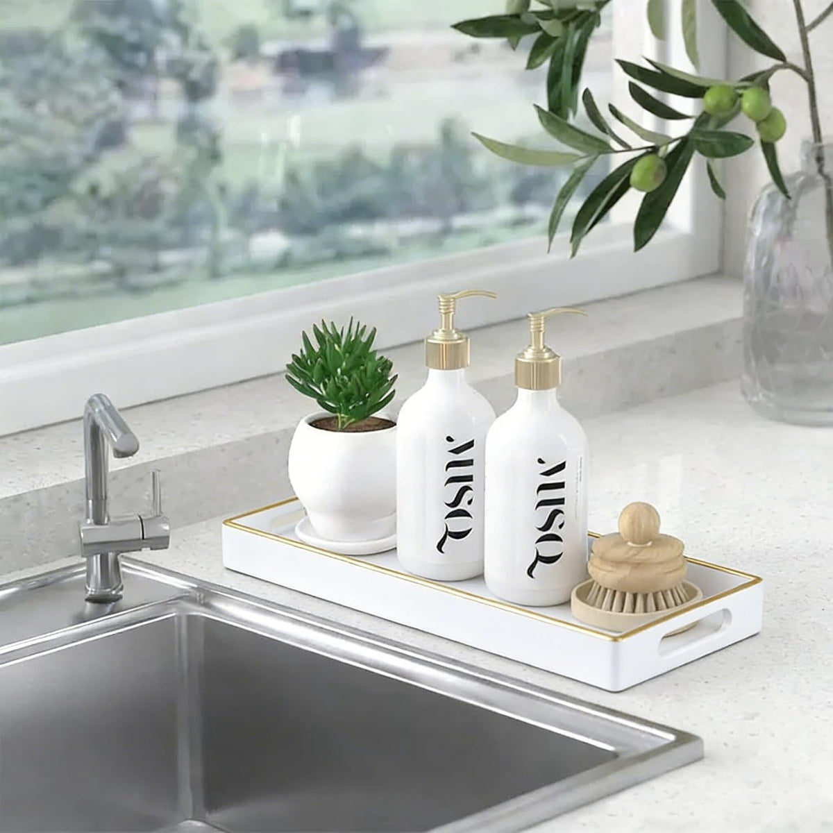 White Rectangular Bathroom Vanity Tray,14 Inch Countertop Storage Organizer