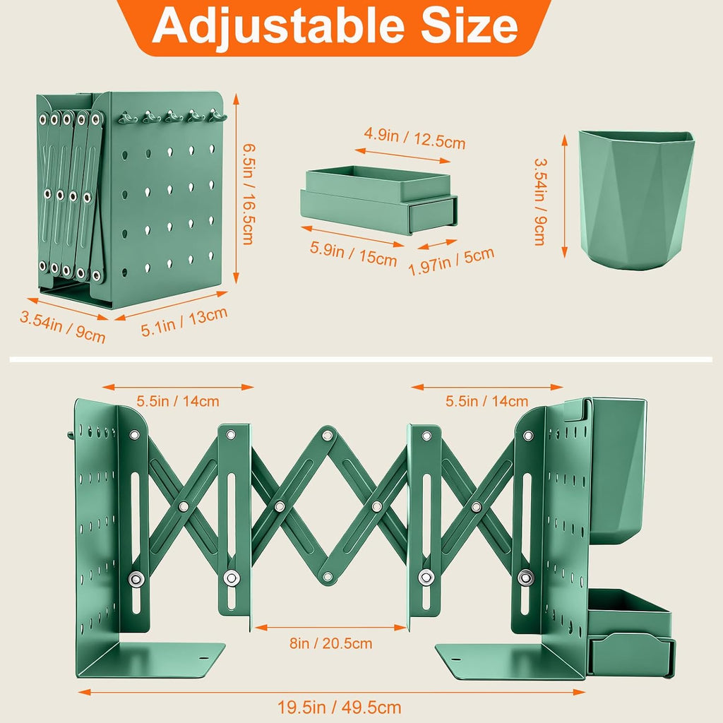 Adjustable Book Ends, Metal Bookends with Pegboard Book Holders Organizer