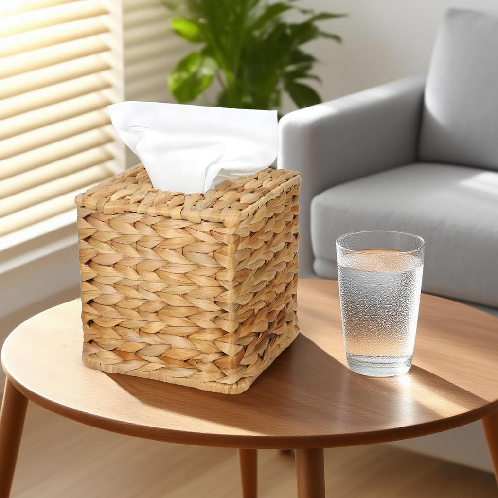 Water Hyacinth Square Tissue Box Cover - Handwoven Natural Fiber Decorative Tissue Holder for Living Room, Bedroom, Bathroom, Fits Standard Square Tissue Boxes, Farmhouse Home Organizer