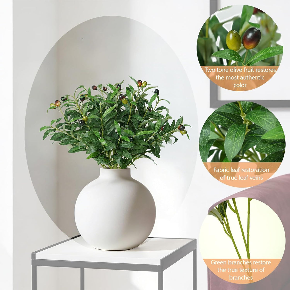 Faux Olive Branches, 18''Artificial Olive Stems,Perfect Greenery for Vase,Greenery for Centerpieces,Coffee Table,Home Decoration for Dining Room & Living Room,6pcs