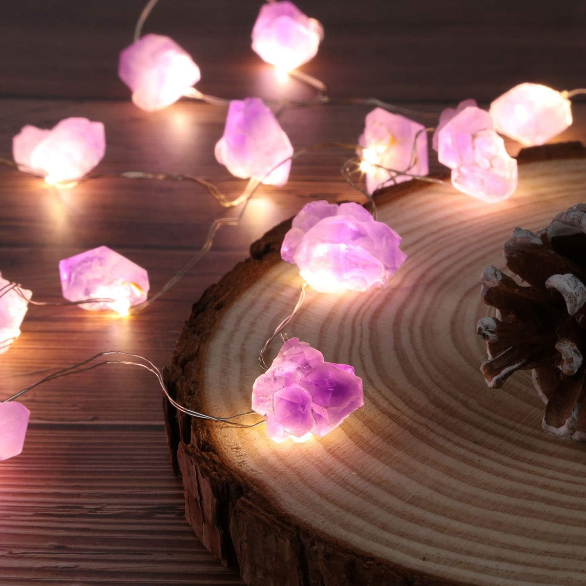 Natural Amethyst Decorative Lights Crystal Indoor String Lights Raw Stones 8.5feet 20LEDs with Remote Control, Hanging Healing Reiki Ornaments Battery Operated for Room Wedding Valentines Day Decor