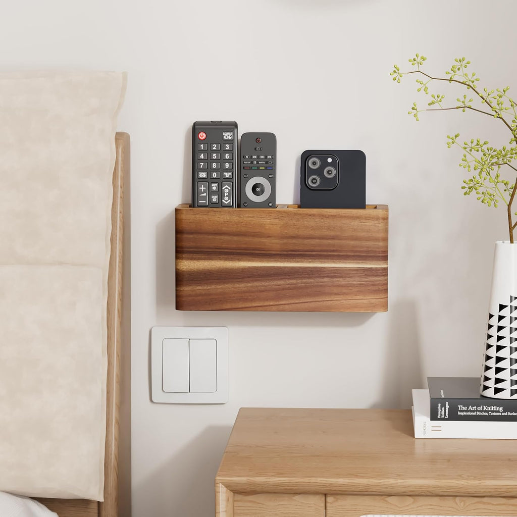 Wood Remote Control Holder Wall Mount, TV Remote Holder for Wall, Remote Control Organizer for Table Desk Home Decor