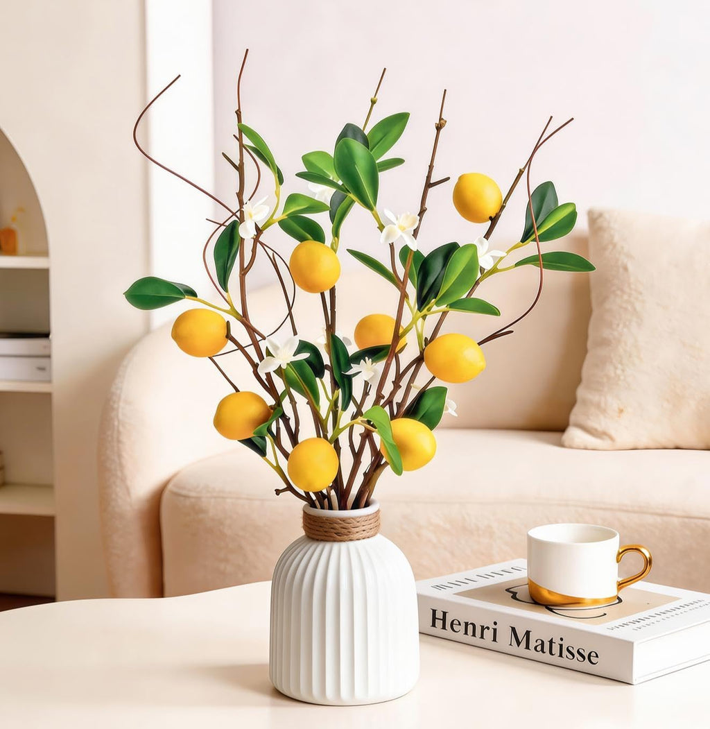 4 PCS 18.9” Artificial Lemon Branches for Kitchen Decor, Faux Yellow Lemons with Magnolia Flower & Willow Stems, Realistic Fake Fruit Picks for Farmhouse Party Decoration and Vase Arrangements